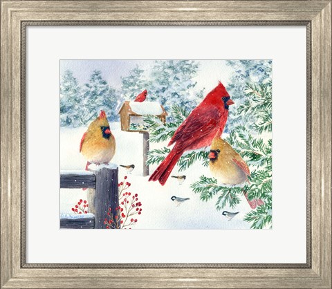 Framed Cardinals In Snow Flurry Print