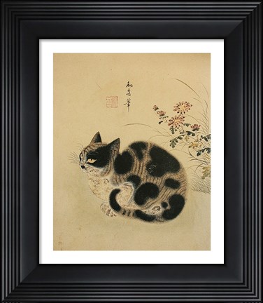 Framed Autumn Cat in a Garden with Chrysanthemum Print