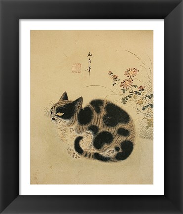 Framed Autumn Cat in a Garden with Chrysanthemum Print