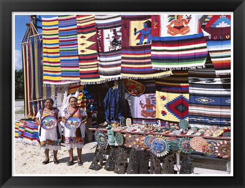 Framed Two female vendors dressed in Mayan costumes displaying products Print