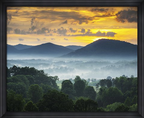 Framed Asheville NC Blue Ridge Mountains Sunset and Fog Landscape Print