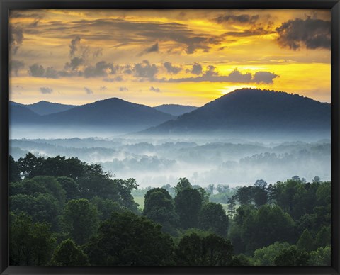 Framed Asheville NC Blue Ridge Mountains Sunset and Fog Landscape Print