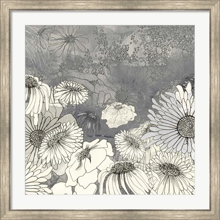 Framed Flowers on Grey I Print