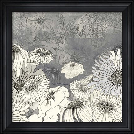 Framed Flowers on Grey I Print