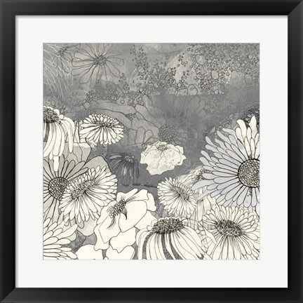 Framed Flowers on Grey I Print