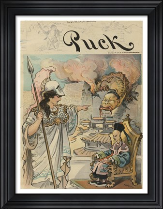 Framed Civilization holding a spear, standing before a benign Chinese emperor Print