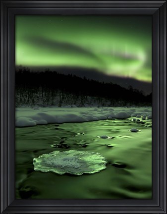 Framed Aurora Borealis reflects off the Tennevik River, Troms County, Norway Print