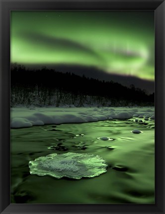 Framed Aurora Borealis reflects off the Tennevik River, Troms County, Norway Print