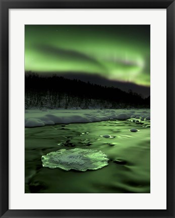 Framed Aurora Borealis reflects off the Tennevik River, Troms County, Norway Print