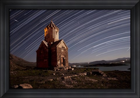 Framed Star trails above Dzordza church, Iran Print