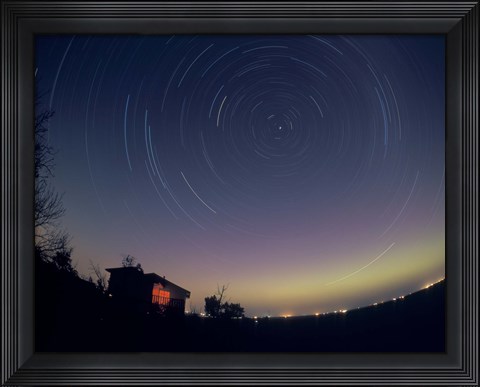 Framed Circumpolar star trails with a faint aurora over horizon, Alberta, Canada Print