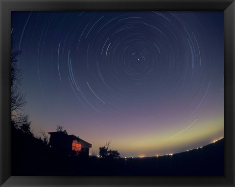 Framed Circumpolar star trails with a faint aurora over horizon, Alberta, Canada Print