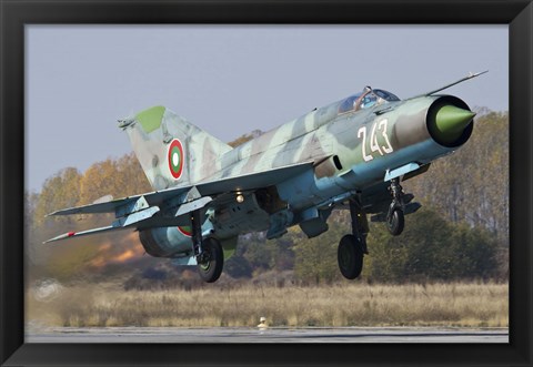 Framed Bulgarian Air Force MiG-21bis jet fighter taking off Print