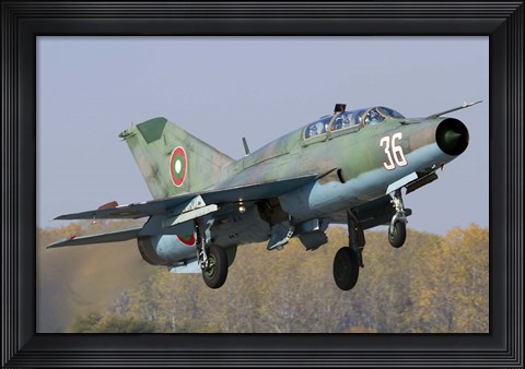 Framed Bulgarian Air Force MiG-21UM jet fighter taking off Print