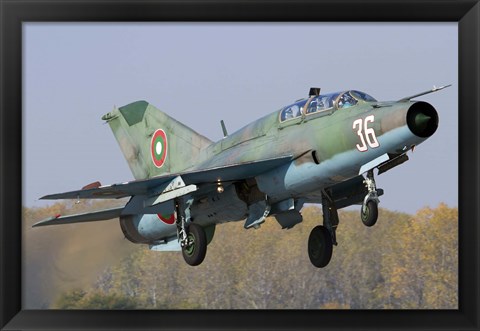 Framed Bulgarian Air Force MiG-21UM jet fighter taking off Print