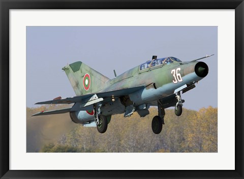 Framed Bulgarian Air Force MiG-21UM jet fighter taking off Print