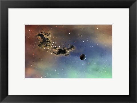 Framed lonely planet is lit by two stars as it passes by a dark cloud of dust Print