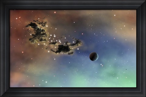Framed lonely planet is lit by two stars as it passes by a dark cloud of dust Print