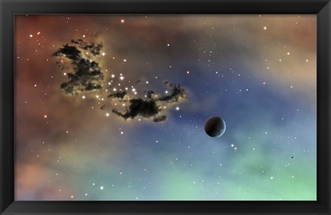 Framed lonely planet is lit by two stars as it passes by a dark cloud of dust Print