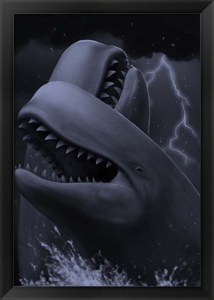 Framed Two male livyatan whales fighting for the right to mate Print