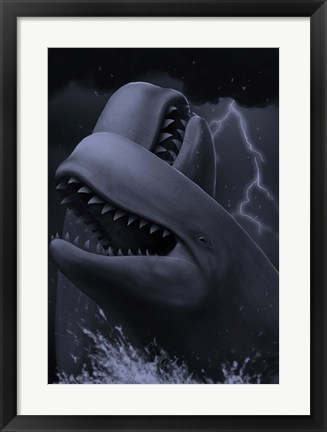 Framed Two male livyatan whales fighting for the right to mate Print