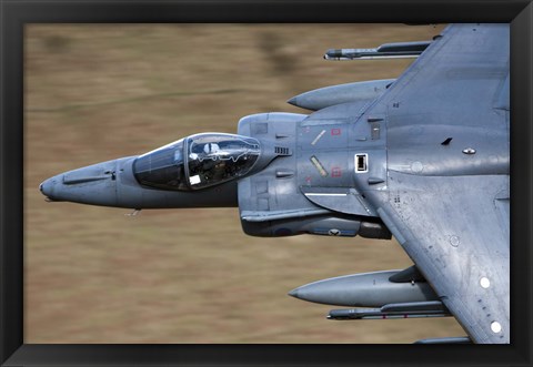 Framed Front section of a Royal Air Force Harrier GR9 flying low over North Wales Print