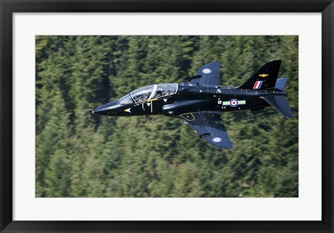 Framed Hawk T1 trainer aircraft of the Royal Air Force flying over a forest in North Wales Print