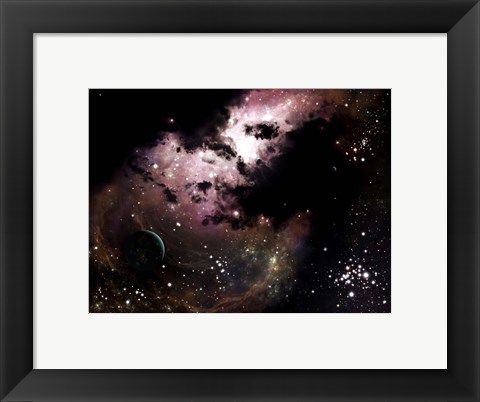 Framed cluster of bright young stars tear away clouds of gas and dust Print
