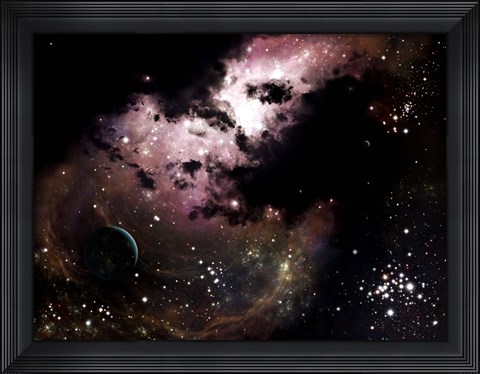 Framed cluster of bright young stars tear away clouds of gas and dust Print