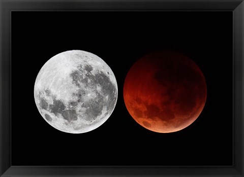 Framed composite showing the moon before the eclipse and during totality phase Print