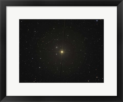 Framed red giant star Beta Andromedae and its ghost galaxy NGC 404 Print