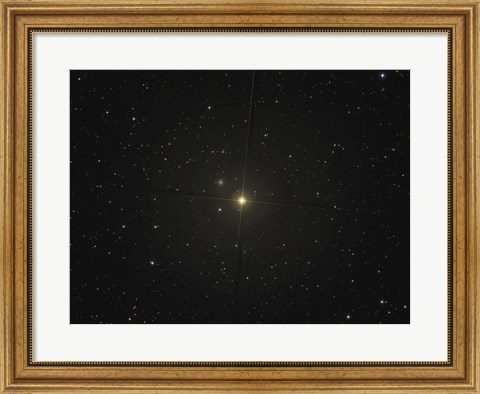 Framed red giant star Beta Andromedae and its ghost galaxy NGC 404 Print