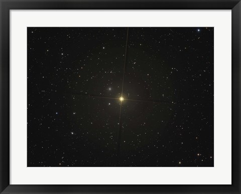 Framed red giant star Beta Andromedae and its ghost galaxy NGC 404 Print