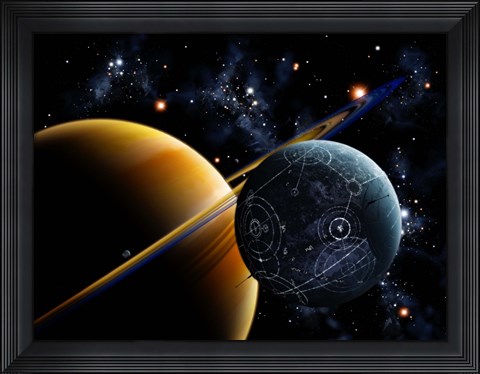 Framed Two artificial moons travelling around a gas giant devouring the natural moons Print