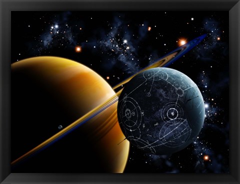 Framed Two artificial moons travelling around a gas giant devouring the natural moons Print