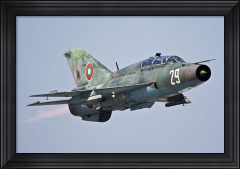Framed Bulgarian Air Force MiG-21UM in flight over Bulgaria Print