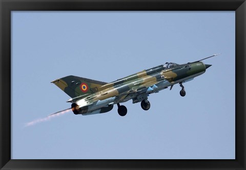 Framed Romanian Air Force MiG-21 Lancer with afterburner, Romania Print