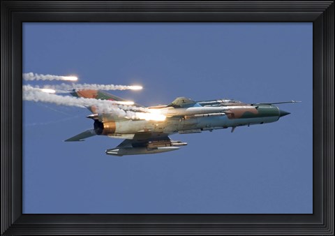 Framed Romanian Air Force MiG-21 MF LanceR popping flares Print