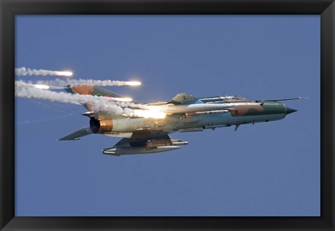 Framed Romanian Air Force MiG-21 MF LanceR popping flares Print