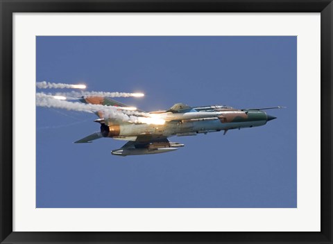 Framed Romanian Air Force MiG-21 MF LanceR popping flares Print