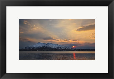 Framed Midnight Sun over Tjeldsundet strait in Troms County, Norway Print