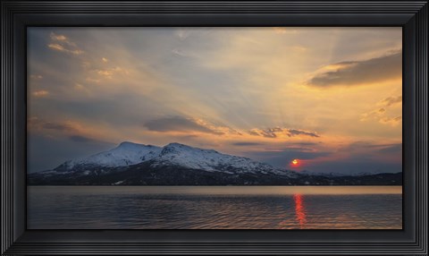 Framed Midnight Sun over Tjeldsundet strait in Troms County, Norway Print