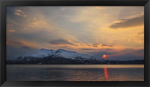 Framed Midnight Sun over Tjeldsundet strait in Troms County, Norway Print