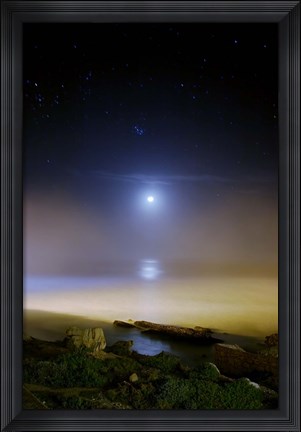 Framed Moonset over the sea with Pleiades (M45) cluster Print