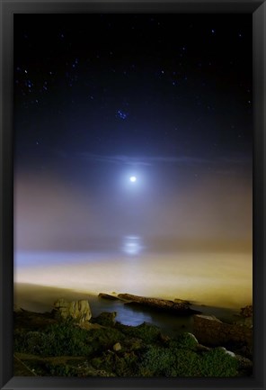 Framed Moonset over the sea with Pleiades (M45) cluster Print