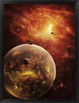 Framed eye-shaped nebula and ring of glowing debris around a planetary system Print