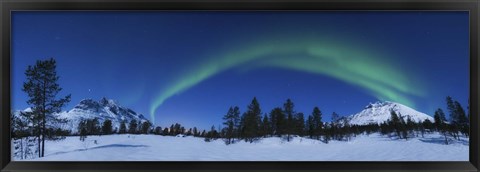 Framed Panoramic view of the Aurora Borealis over Nova Mountain Wilderness, Norway Print