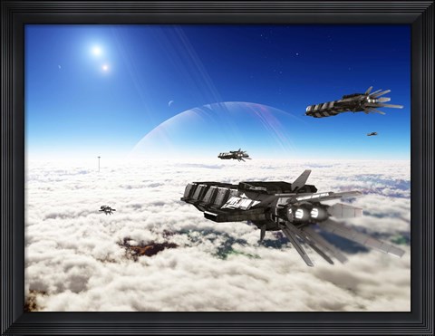 Framed Five medium freighters deccelerate near their destination Print