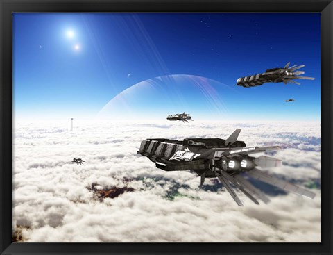 Framed Five medium freighters deccelerate near their destination Print