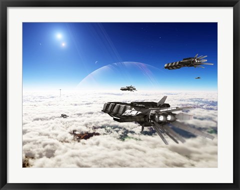 Framed Five medium freighters deccelerate near their destination Print